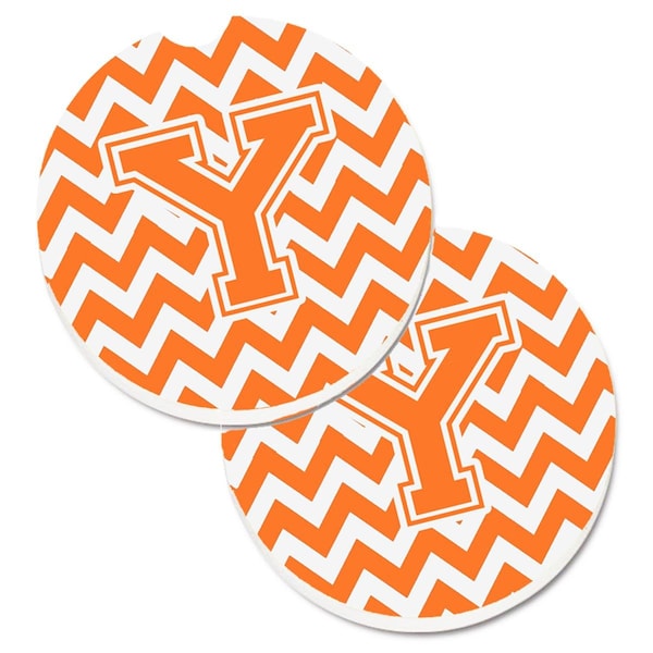 Carolines Treasures Letter Y Chevron Orange and White Set of 2 Cup Holder Car Coaster CJ1046-YCARC - main